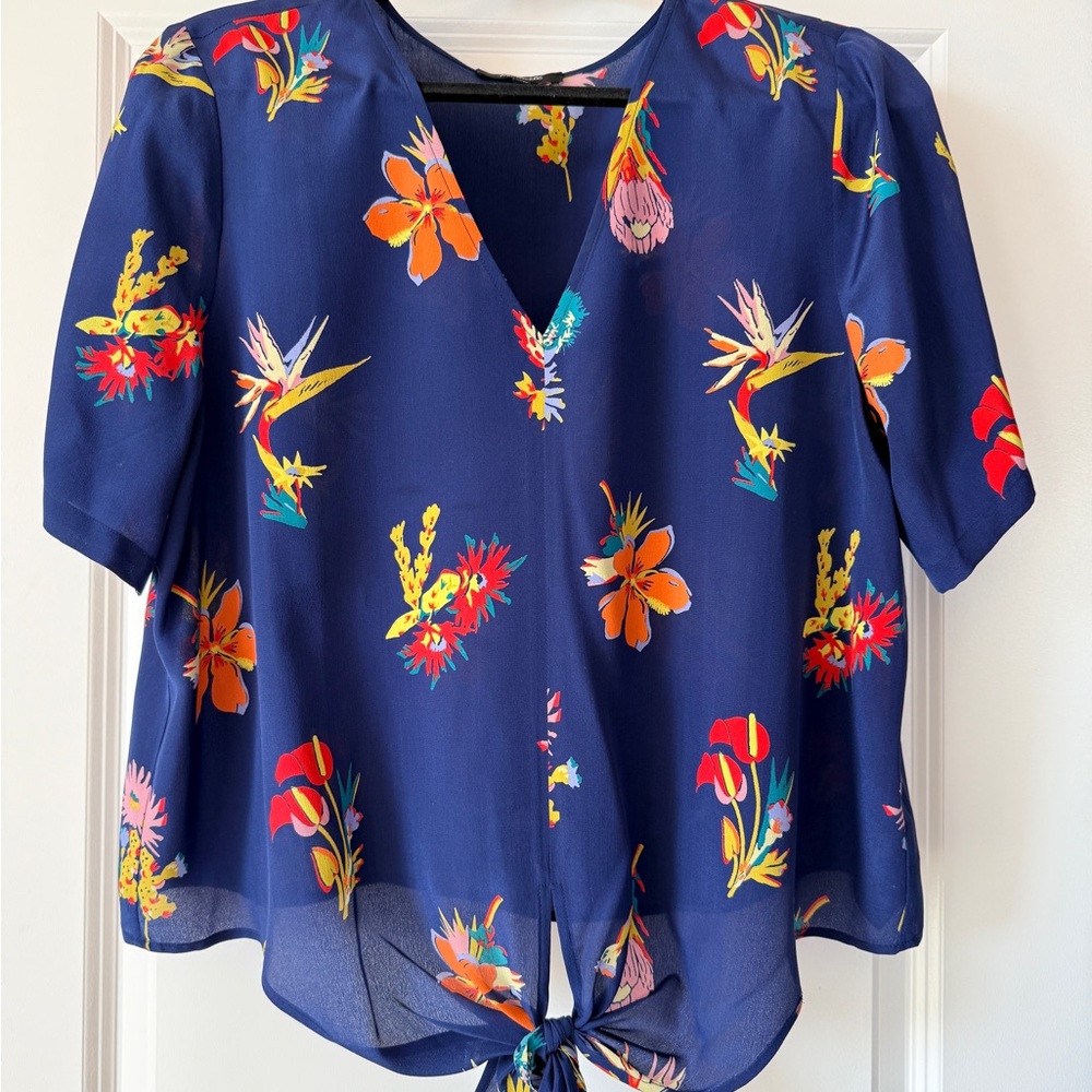 Madewell Silk Navy Floral Blouse with Tie Front
